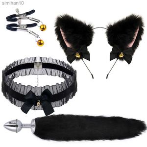 Cute Fox Tail Anal Plug Bow-Knot Soft Cat Ears Headbands Collar Erotic Cosplay Parejas Accesorios SM Juguetes sexuales para mujer Hombre L230518