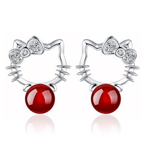 Lindo Kitty Cat Penrings for Women Luxury Pearl Ball Red Agate Diamond Lovely Cats Diseño de diseño S925 Números de plata tiene arendios Brincos Anillos de orejas