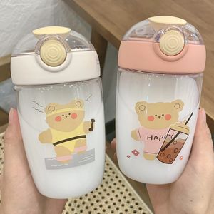 Lindo osito que rebota botellas de agua con pajita, bloqueo informal para el hogar, taza de mano para estudiantes con personalidad fresca de bosque de dibujos animados