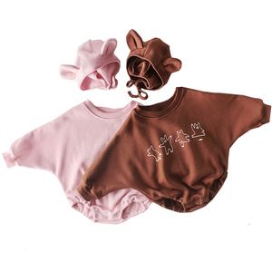 Cute Little Bear Ears Plus Velvet Clothing Niños Pink Body Girl Ropa Baby Body 210417