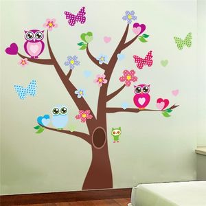 Autocollants muraux d'arbres de hiboux mignons pour décorations de chambre d'enfants, dessins animés pour enfants, décalcomanies pour filles 1006. Animaux Fleurs d'art mural 4.0 210420