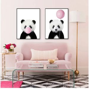 Leuke Roze Ballon Kraamcadeau Canvas Schilderij Baby Panda Print Dier Met Kauwgom Poster Kwekerij Wall Art Picture Decor Woo