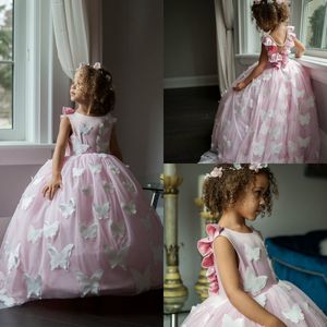 Lindos vestidos de niña de las flores de color rosa con encaje de mariposa V Volver Vestido de fiesta Vestido de desfile de niñas Perlas hechas a medida Vestido formal de niños baratos