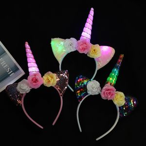 Linda princesa cumpleaños niños 3 palos de pelo de unicornio ligero niños diadema floral niño cinta bebé accesorios cosplay