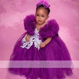 Mignon pourpre bébé princesse filles appliques Pageant Robes de bal robe enfant africain pour le mariage Première séance photo