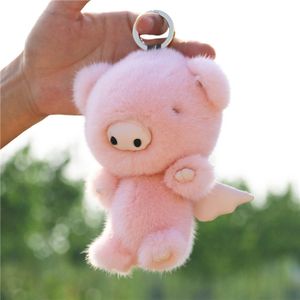 Mignon véritable véritable fourrure cochon ange cochon jouet porte-clés sac à main porte-clés voiture téléphone Pandent