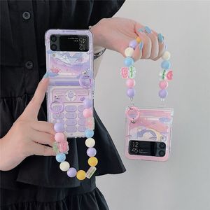 Coque de téléphone portable rétro mignonne pour Samsung Galaxy Z Flip4 3 Charnière Full Cover Rainbow Beads Strap