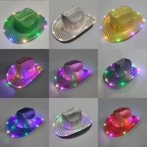 Bonito sombrero brillante con luz LED, sombreros de vaquero con lentejuelas, gorras luminosas, suministros para disfraces de Navidad y Halloween FY7970