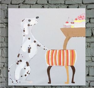 Cute Spotty Dog Picture Art Painting en lienzo Handpainted Cartoon Animal Prints Wall for Baby Room o Living Room Sin Marco