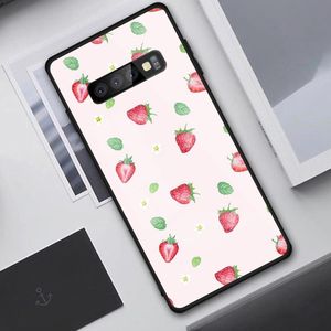 Étui de téléphone aux fleurs de fraises mignonnes pour Samung S23 S22 S21 Pro Ultra A13 A33 A53 Note 20 Black PC Glass Phone Cover
