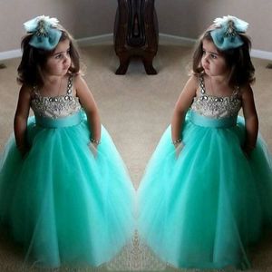 Lindo turquesa verde flor niñas vestidos espagueti cumpleaños vestidos correas cristal cuentas tul niño desfile vestidos para niñas