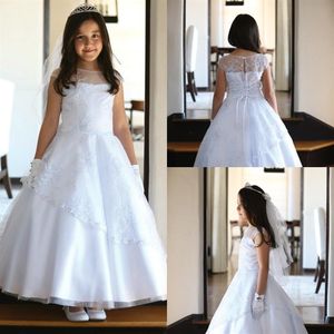 Mignon Blanc First Holy Communion Robes Scoop Cap Sleeves Lace Crystal Flower Girls Pageant Robes Arabe Modern Kids Anexpensif2577