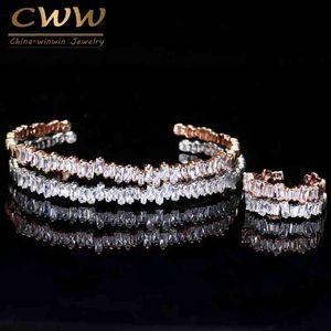 Cwwzircons Moda Color oro rosa Baguette Cubic Zirconia Brazalete Brazalete y juegos de anillos Mejor amigo Joyería Regalo T170