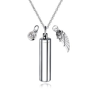 Capsule de cylindre Secret Message Crémation du flacon Collier Urn Collier en acier inoxydable Aile de médaillon et collier à largeur en cristal 292J