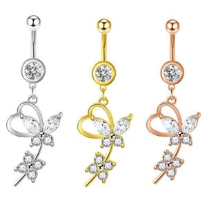 CZ Body Piercing Jewelry Dangle Butterfly Belly Button Ring Flor de acero inoxidable Navel Barbell