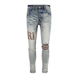 d Skinny Jeans diseñador Moda Moto Largo Algodón Pies delgados High Street Denim Azul claro Pasta Agujero Pantalones Hip Hop Hombres Púrpura 1 5QK9