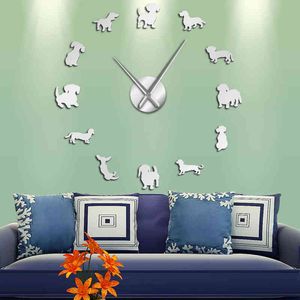 Reloj de pared grande para perros salchicha, reloj de pared DIY, pegatinas de espejo de animales para cachorros, decoración para tienda de mascotas, reloj colgante, regalo para amantes de los perros H1230