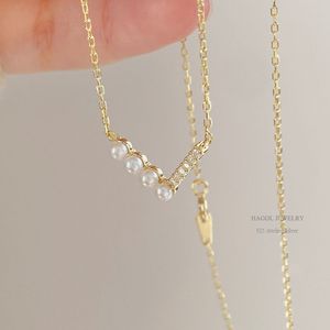 Dainty Chevron Pearl Pendant Necklace Art Deco Multi-Diamond Curved Wedding Jewelry June Birthstone Necklace