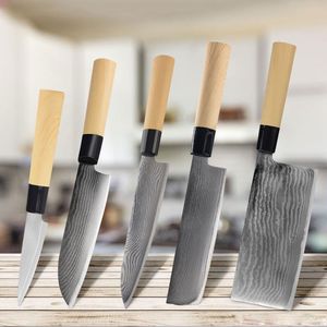 Acero de Damasco del cuchillo de 5pcs chef cuchillos de cocina japonesa Profesión alta de carbono agudo de acero Cleaver Sushi Nakiri Santoku cuchillo de pelado