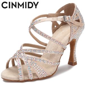 Chaussures de danse Cinmidy Femmes Latin Dance Chaussures Hinaistones Soft Bottom Salsa Shoes For Dancing Dames Sandals Women's Wedding Hight Heels 7.5cm 230424