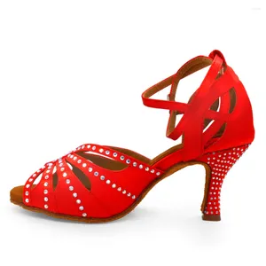 Zapatos de baile Evkoodance Llegada Rhinestone Mujeres Rojo Caqui Amarillo 7 cm Salsa latina Baile de salón con rápido
