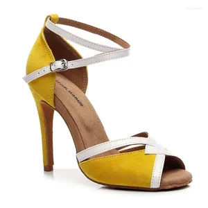 Zapatos de baile Latin Ballroom Amarillo Blanco Blanco Suminio Suela Jazz Salsa Cuba Slim Heels Damas abiertas Stiletto