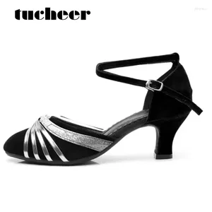 Dance Shoes Sandalias suaves de encaje brillante para mujeres Latin Cha-Cha Jittebug Heel Altura 3.5cm 5.5 cm