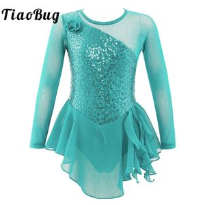 Dancewear Girls Kid Sequins Gymnastic Leotard Dress Mesh Long Sleeves Stage Performance Ballet Dance Figure Ice Skating Dress 230520