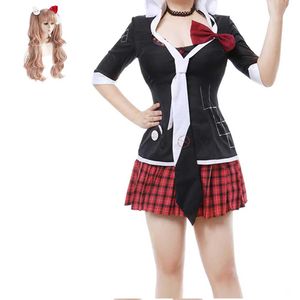 Danganronpa Enoshima Junko Cosplay vestido de mujer peluca de disfraz con lazo de conejo para Halloween