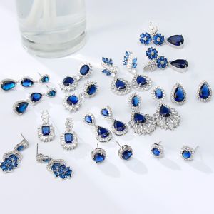 Cuelga la lámpara AMC Corea Lujo Azul oscuro Pendiente de gota largo Zircon Ear Studs Azul marino Nupcial Wedding Party Accesorios de joyería Regalos para mujeres 230602