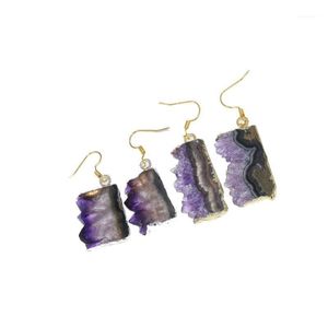 Cuelga la lámpara de la joyería de Navidad Raw Natural Slice Geode Druzy Stone Drop Earrings Purple Crystal Quartz Women1