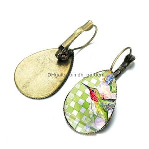 Dangle Chandelier Colorf Boucles d'oreilles Colibri Bronze Argent Plaqué Verre Image Cabochon Goutte d'Eau Mode Animal Oiseau Jewe Dhgarden Dh4Io