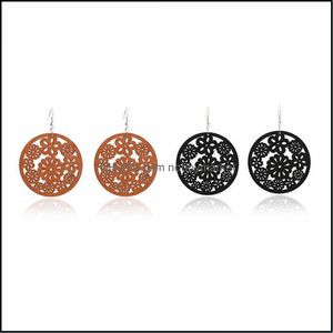 Dangle Lustre Boucles D'oreilles Bijoux En Gros Noir Brun Fleur Forme En Bois Creux En Bois Boucle D'oreille À La Main Diy Crochet Eardrop Femmes Lady