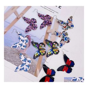 Cuelgue el diseñador de moda Pendientes de cuero de la pu Colorf Patrón de mariposa Gancho impreso de doble cara para mujeres Joyería de verano Dh0Ty