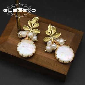 Dangle Lustre GLSEEVO Naturel Eau Douce Grand Baroque Perle Boucles D'oreilles Femmes Plante Feuilles Dangle Boucles D'oreilles De Luxe À La Main Fine Bijoux GE0308 230404