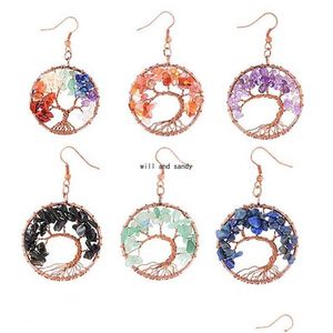 Dangle Lustre Guérison Arbre De Vie Pendentif Boucles D'oreilles Pierre Naturelle Cristal Fluorite Rose Quartz Boucles D'oreilles Pour Les Femmes De Noël W Dh3Id