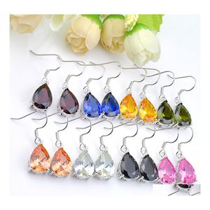 Chandelier en peluche de lustre Luckyshine 2 pcs lots en forme de poire Morganite Garnet Citrine Boucles d'oreilles 925 Sterling Sier Plater Femmes Zircon Marque F DH5AH