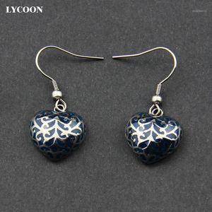Pendientes colgantes de araña LYCOON de acero inoxidable estilo corazón para mujer con esmalte de resina azul oscuro para mujer LYS0171