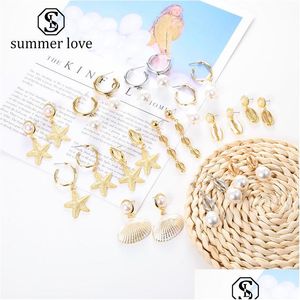 Dangle Lustre Summer Beach Starfish Shell Boucles D'oreilles Pour Les Femmes Bohème Grand Cercle En Alliage D'or Perle Livraison De Bijoux Juif Dhohb