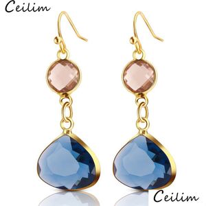 Cuelgue la lámpara de moda para mujer pendientes de cristal de diamantes de imitación azul / rosa vidrio negro cobre dulce oreja de metal para niña regalo al por mayor Dhj7K