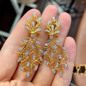 Boucles d'oreilles pendantes couleur or 18 carats Vintage feuille pour femmes conception creuse Bling Zircon goutte Banquet fête pendantes cadeau Antique