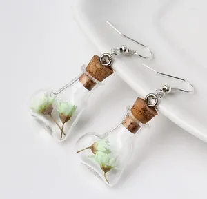 Boucles d'oreilles pendantes 20 28mm en forme de coeur, bouteille en liège en verre, flacon de fleur sèche, pendentif, boucles d'oreilles à la mode