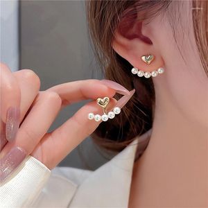Boucles d'oreilles pendantes en métal élégantes en forme de cœur, perles suspendues au dos, bijoux de mode coréenne pour femmes et filles, accessoires, vente en gros, 2023