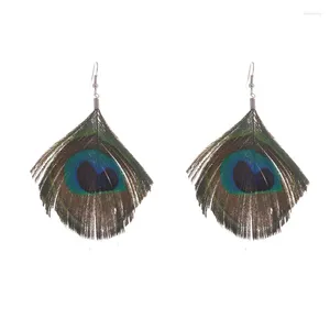 Pendientes colgantes 2023 Lureme estilo bohemio grandes plumas de pavo real pendiente colgante para mujeres y niñas Vintage