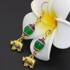 Boucles d'oreilles pendantes, sortie d'usine, Simple, couleur or, éléphant, calcédoine verte, longue goutte, bijoux fins, B2620
