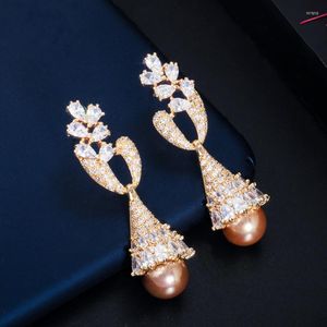 Boucles d'oreilles pendantes BeaQueen délicate longue goutte pendante perle Micro pavé cubique zircone pierres plaqué or bijoux pour femmes mariage E585