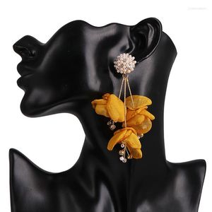 Boucles d'oreilles bohémiennes élégantes en coton cristal Vintage bleu jaune fleur longue pampille goutte pour femmes bijoux vente en gros