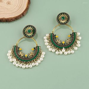 Boucles d'oreilles en peluche Boho Sun Faux Pearl Perles Peacock Tassel oxydé Gold Round Gypsy Jhumka Bijoux pour les femmes