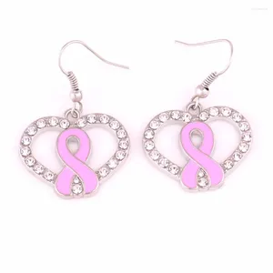 Pendientes colgantes Concientización sobre el cáncer de mama Aleación de zinc Esmalte rosa Cinta Lazo Cristal Corazón Colgante Gancho de pescado