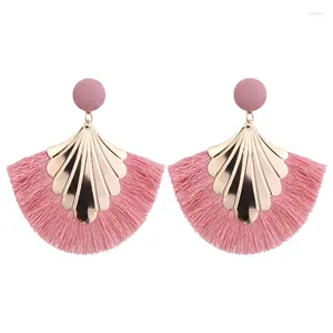 Pendientes colgantes Charmsmic, borla de plumas bohemias para mujer, aleación en forma de abanico, joyería étnica rosa, venta al por mayor